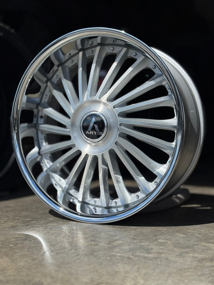 ARTIS RENAGADES XL CAP 26" BRUSHED CROME LIP DAUL DRILLED (5X120 5x127) STAGGERED FOR GMC YUKON CHEVY SUBURBAN SIERRA 1500 C10 TAHOE BOX DONK CAPRICE IMPALA CAMARO CHEVELLE  CUTLASS MONTE CARLO