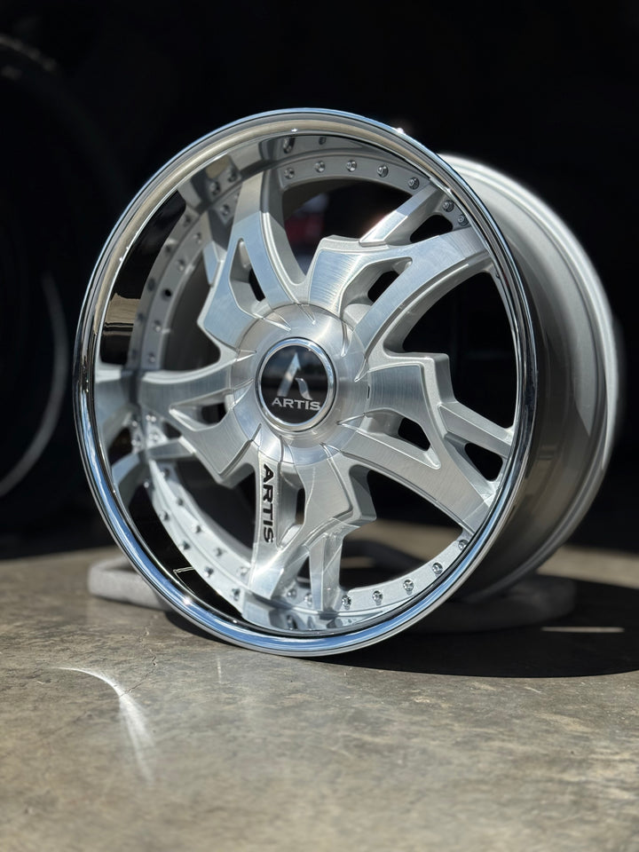 22" ARTIS LAREDO BRUSHED CROME LIP DAUL DRILLED (5X120 5x127) STAGGERED FOR GMC YUKON CHEVY SUBURBAN SIERRA 1500 C10 TAHOE BOX DONK CAPRICE IMPALA CAMARO CHEVELLE  CUTLASS MONTE CARLO