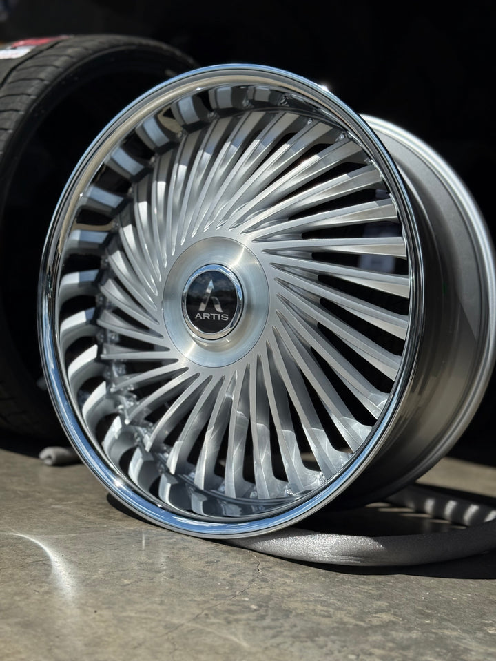 24” ARTIS JUICY BRUSHED CROME LIP DAUL DRILLED (5X120 5x127) STAGGERED FOR GMC YUKON CHEVY SUBURBAN SIERRA 1500 C10 TAHOE BOX DONK CAPRICE IMPALA CAMARO CHEVELLE  CUTLASS MONTE CARLO