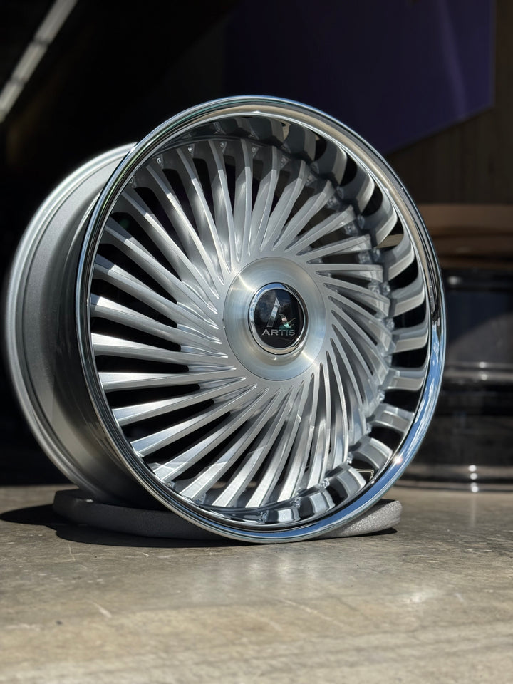 24” ARTIS JUICY BRUSHED CROME LIP DAUL DRILLED (5X120 5x127) STAGGERED FOR GMC YUKON CHEVY SUBURBAN SIERRA 1500 C10 TAHOE BOX DONK CAPRICE IMPALA CAMARO CHEVELLE  CUTLASS MONTE CARLO