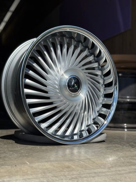 24” ARTIS JUICY BRUSHED CROME LIP DAUL DRILLED (5X120 5x127) STAGGERED FOR GMC YUKON CHEVY SUBURBAN SIERRA 1500 C10 TAHOE BOX DONK CAPRICE IMPALA CAMARO CHEVELLE  CUTLASS MONTE CARLO