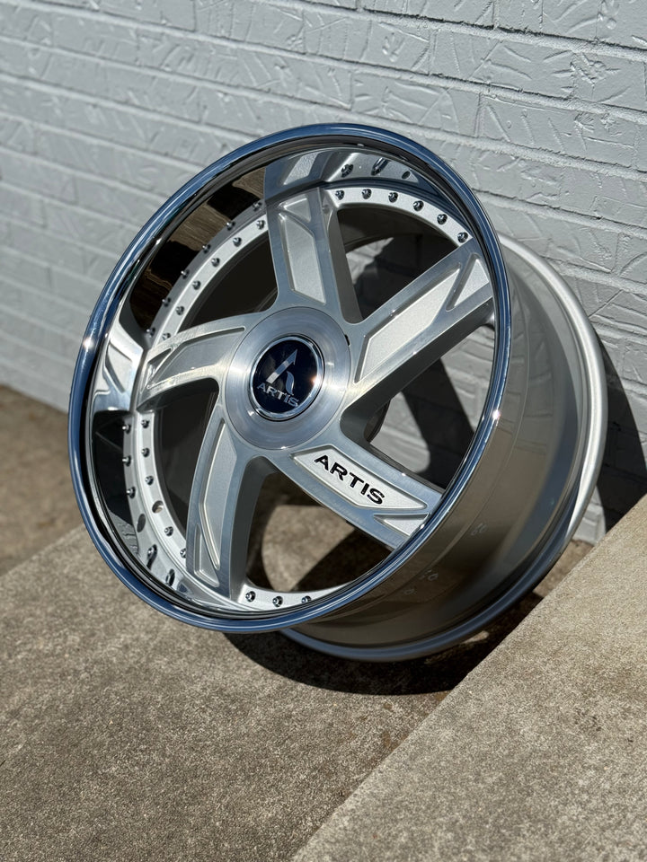 22” ARTIS VESTAVIA BRUSHED CROME LIP DAUL DRILLED (5X120 5x127) STAGGERED FOR GMC YUKON CHEVY SUBURBAN SIERRA 1500 C10 TAHOE BOX DONK CAPRICE IMPALA CAMARO CHEVELLE  CUTLASS MONTE CARLO