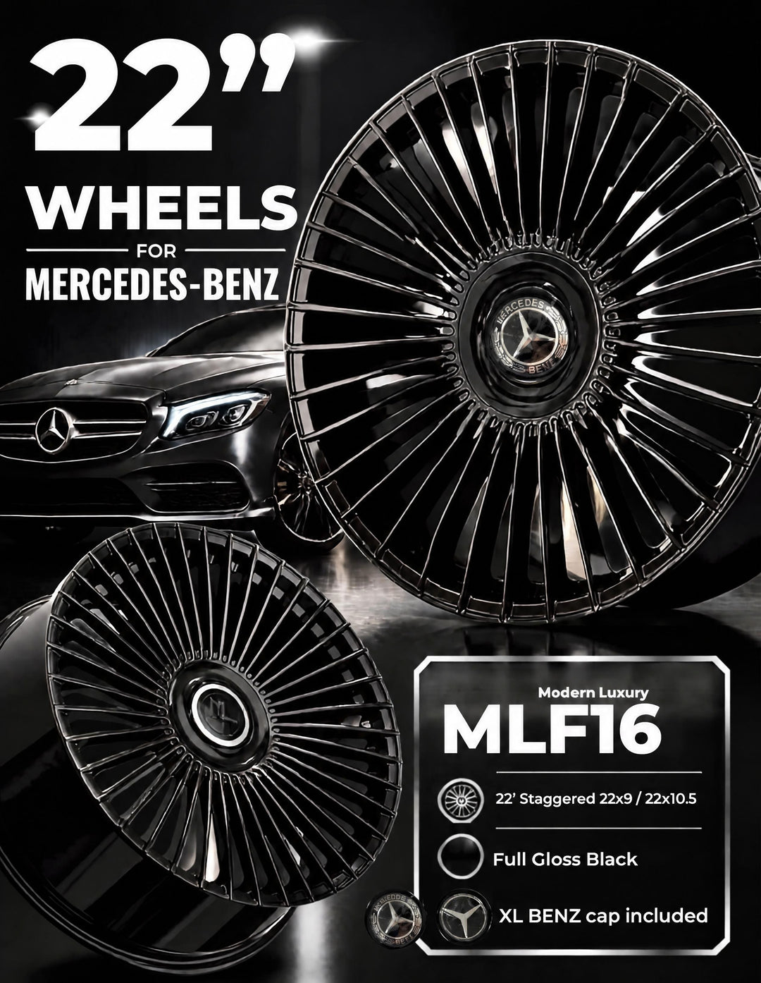 22" Modern Luxury MLF16 GLOSS BLACK W/ Mercedes XL LOGO