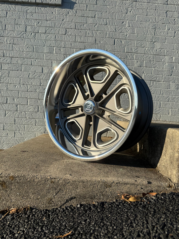 17” RESTO WHEEL DELRAY R102 Texture Gun Metal Center Milled Window W/ Diamond Cut Lip (5x114.3 5x4.5) FITS 70s CHARGER CHALLENGER Ford MUSTANG RANGER COUGAR