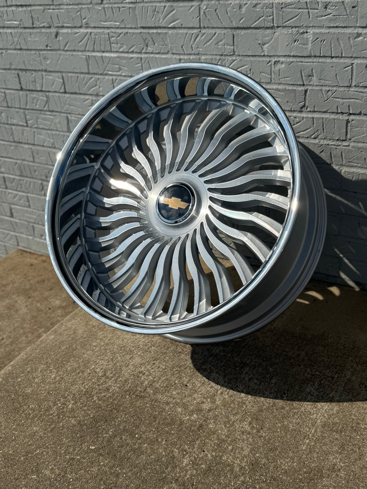 24" DAZZ D102 Snatch BRUSHED CROME LIP DAUL DRILLED (5X120 5x127) STAGGERED FOR GMC YUKON CHEVY SUBURBAN SIERRA 1500 C10 TAHOE BOX DONK CAPRICE IMPALA CAMARO CHEVELLE  CUTLASS MONTE CARLO