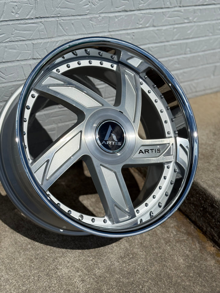 22” ARTIS VESTAVIA BRUSHED CROME LIP DAUL DRILLED (5X120 5x127) STAGGERED FOR GMC YUKON CHEVY SUBURBAN SIERRA 1500 C10 TAHOE BOX DONK CAPRICE IMPALA CAMARO CHEVELLE  CUTLASS MONTE CARLO