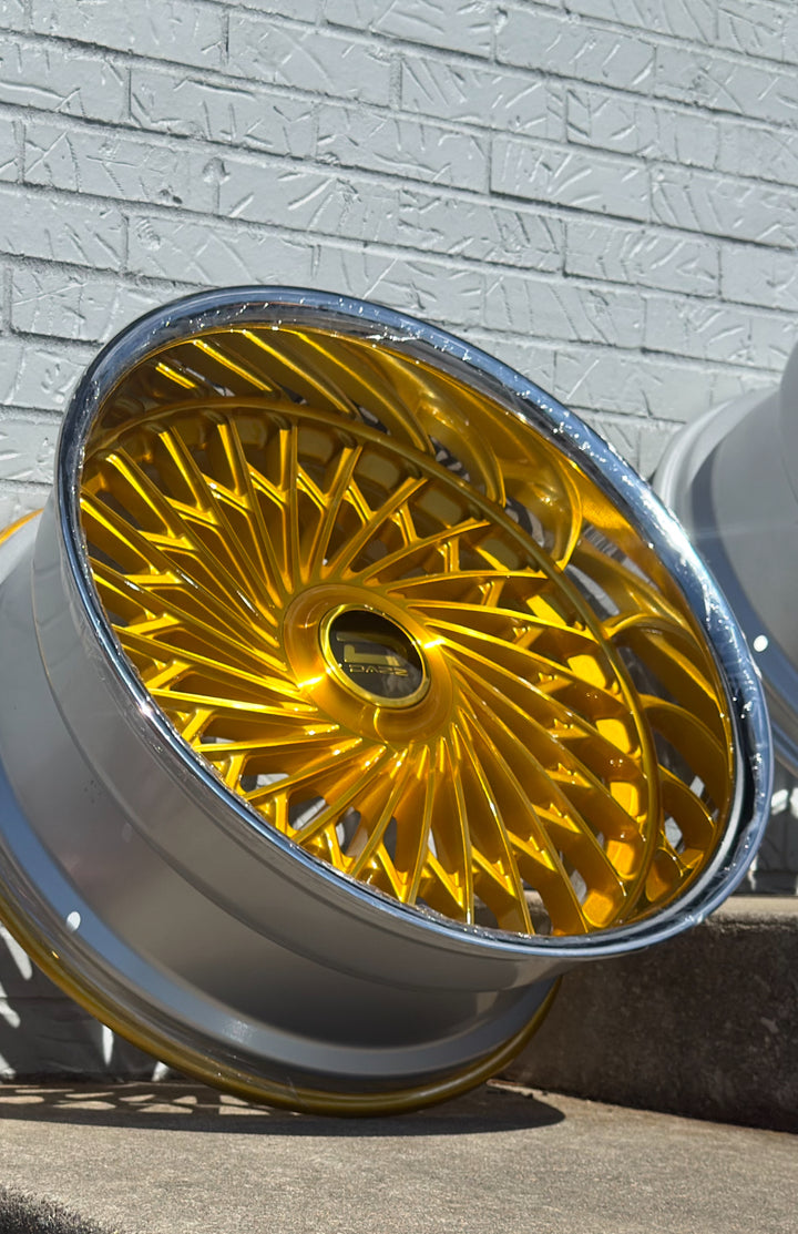 24” DAZZ D101 Seville BRUSHED GOLD WITH CROME LIP DAUL DRILLED (5X120 5x127) STAGGERED FOR GMC YUKON CHEVY SUBURBAN SIERRA 1500 C10 TAHOE BOX DONK CAPRICE IMPALA CAMARO CHEVELLE  CUTLASS MONTE CARLO