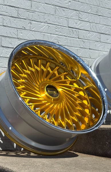 24” DAZZ D101 Seville BRUSHED GOLD WITH CROME LIP DAUL DRILLED (5X120 5x127) STAGGERED FOR GMC YUKON CHEVY SUBURBAN SIERRA 1500 C10 TAHOE BOX DONK CAPRICE IMPALA CAMARO CHEVELLE  CUTLASS MONTE CARLO