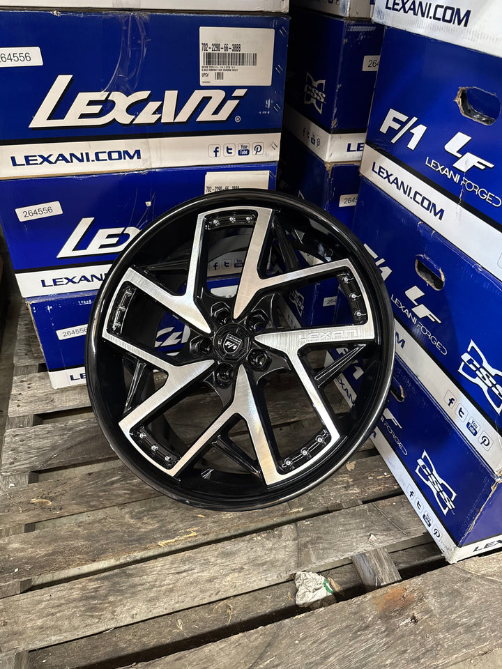 PROMO PACKAGE DEAL 22" LEXANI DEVOE GLOSS BLACK BRUSHED MACHINE 5x108 FITS FORD 2012^ FUSION ESCAPE MAVERICK LINCOLN MKX NAUTILUS CORSAIR MKZ CONTINENTAL LS 22^ ZEPHYR JAGUAR XF XFR XJ XJL XJLR E PACE F PACE LAND ROVER DISCOVERY EVOQUE VELAR
