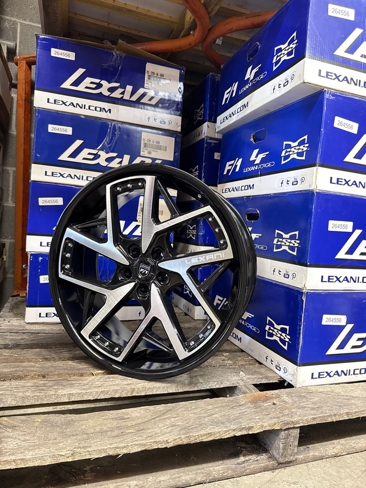 PROMO PACKAGE DEAL 22" LEXANI DEVOE GLOSS BLACK BRUSHED MACHINE 5x108 FITS FORD 2012^ FUSION ESCAPE MAVERICK LINCOLN MKX NAUTILUS CORSAIR MKZ CONTINENTAL LS 22^ ZEPHYR JAGUAR XF XFR XJ XJL XJLR E PACE F PACE LAND ROVER DISCOVERY EVOQUE VELAR