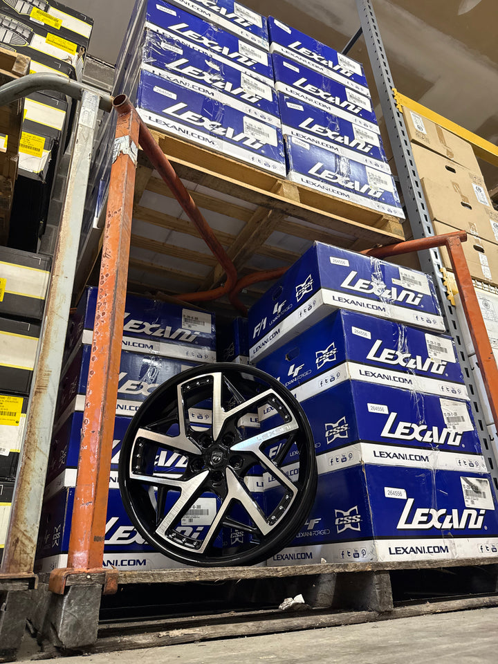 PROMO PACKAGE DEAL 22" LEXANI DEVOE GLOSS BLACK BRUSHED MACHINE 5x108 FITS FORD 2012^ FUSION ESCAPE MAVERICK LINCOLN MKX NAUTILUS CORSAIR MKZ CONTINENTAL LS 22^ ZEPHYR JAGUAR XF XFR XJ XJL XJLR E PACE F PACE LAND ROVER DISCOVERY EVOQUE VELAR