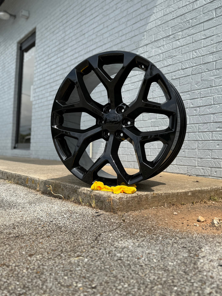 20” 22” 24” 26” 28" 30" GLOSS BLACK GM09 SNOWFLAKE REPS 6X139.7 6x5.5 FITS CADILLAC ESCALADE DENALI YUKON CHEVY SILVERADO TAHOE SUBURBAN INFINITY QX80 DODGE RAM 1500 JEEP WAGONEER NISSAN TITAN