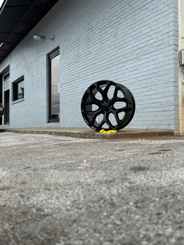 20” 22” 24” 26” 28" 30" GLOSS BLACK GM09 SNOWFLAKE REPS 6X139.7 6x5.5 FITS CADILLAC ESCALADE DENALI YUKON CHEVY SILVERADO TAHOE SUBURBAN INFINITY QX80 DODGE RAM 1500 JEEP WAGONEER NISSAN TITAN