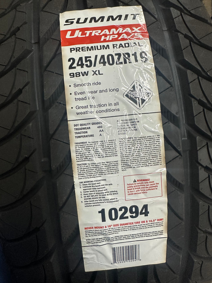 245/40ZR19 Summit UltraMax HP