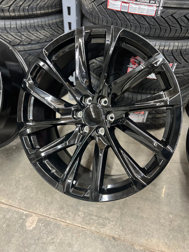 20" 24" 26" GM 205 / 390 REP WHEELS IN GLOSS BLACK 6X139.7 6x5.5 FITS CADILLAC ESCALADE DENALI YUKON CHEVY SILVERADO TAHOE SUBURBAN INFINITY QX80 DODGE RAM 1500 JEEP WAGONEER NISSAN TITAN