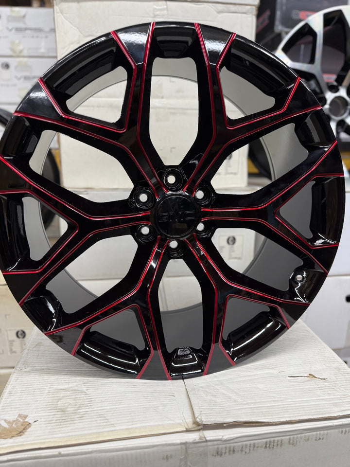 20" 22" 24" 26" GLOSS BLACK & RED MILLED GM09 SNOWFLAKE REP 6X139.7 6x5.5 FITS CADILLAC ESCALADE DENALI YUKON CHEVY SILVERADO TAHOE SUBURBAN INFINITY QX80 DODGE RAM 1500 JEEP WAGONEER NISSAN TITAN