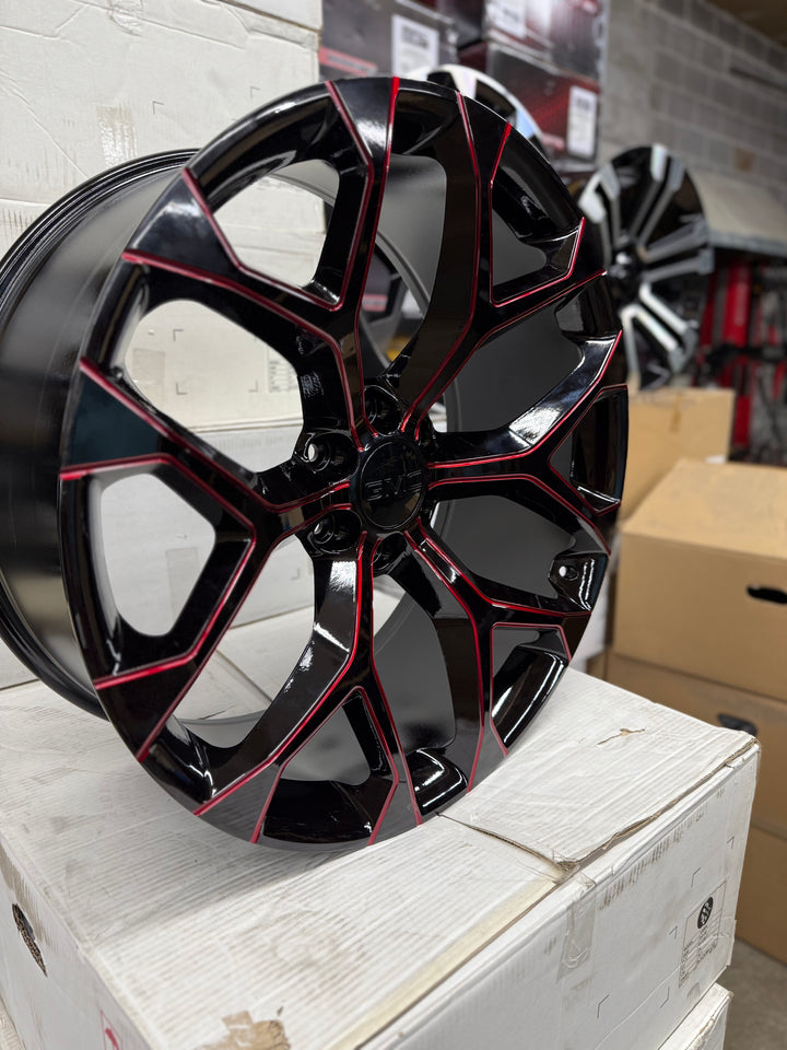 20" 22" 24" 26" GLOSS BLACK & RED MILLED GM09 SNOWFLAKE REP 6X139.7 6x5.5 FITS CADILLAC ESCALADE DENALI YUKON CHEVY SILVERADO TAHOE SUBURBAN INFINITY QX80 DODGE RAM 1500 JEEP WAGONEER NISSAN TITAN