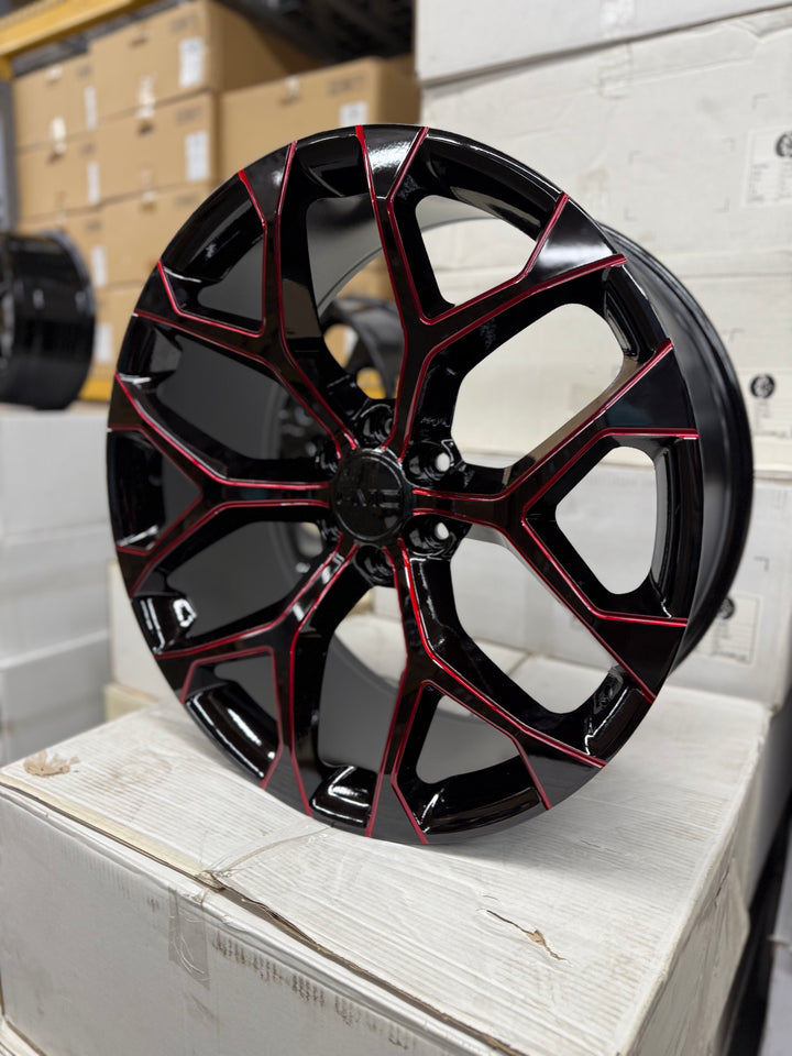 20" 22" 24" 26" GLOSS BLACK & RED MILLED GM09 SNOWFLAKE REP 6X139.7 6x5.5 FITS CADILLAC ESCALADE DENALI YUKON CHEVY SILVERADO TAHOE SUBURBAN INFINITY QX80 DODGE RAM 1500 JEEP WAGONEER NISSAN TITAN
