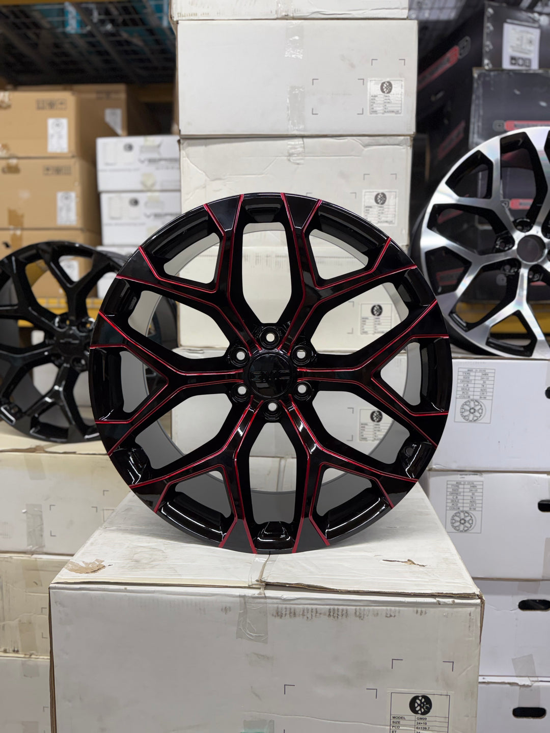 20" 22" 24" 26" GLOSS BLACK & RED MILLED GM09 SNOWFLAKE REP 6X139.7 6x5.5 FITS CADILLAC ESCALADE DENALI YUKON CHEVY SILVERADO TAHOE SUBURBAN INFINITY QX80 DODGE RAM 1500 JEEP WAGONEER NISSAN TITAN