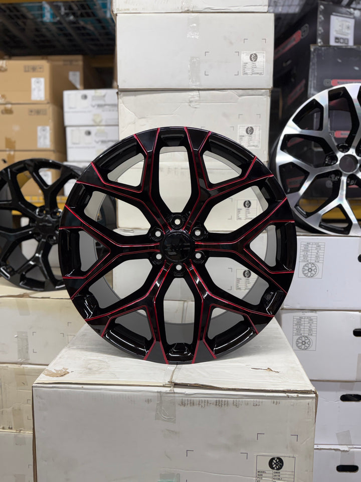 20" 22" 24" 26" GLOSS BLACK & RED MILLED GM09 SNOWFLAKE REP 6X139.7 6x5.5 FITS CADILLAC ESCALADE DENALI YUKON CHEVY SILVERADO TAHOE SUBURBAN INFINITY QX80 DODGE RAM 1500 JEEP WAGONEER NISSAN TITAN