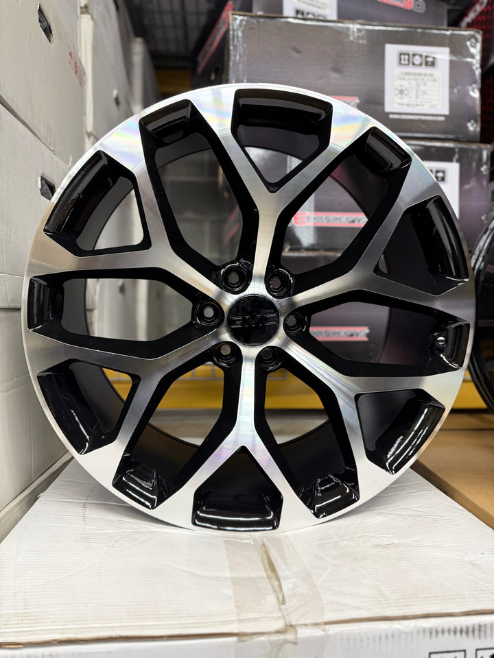 20" 22" 24" 26" SNOWFLAKE GLOSS BLACK & MACHINE FACE  6X139.7 6x5.5 FITS CADILLAC ESCALADE DENALI YUKON CHEVY SILVERADO TAHOE SUBURBAN INFINITY QX80 DODGE RAM 1500 JEEP WAGONEER NISSAN TITAN