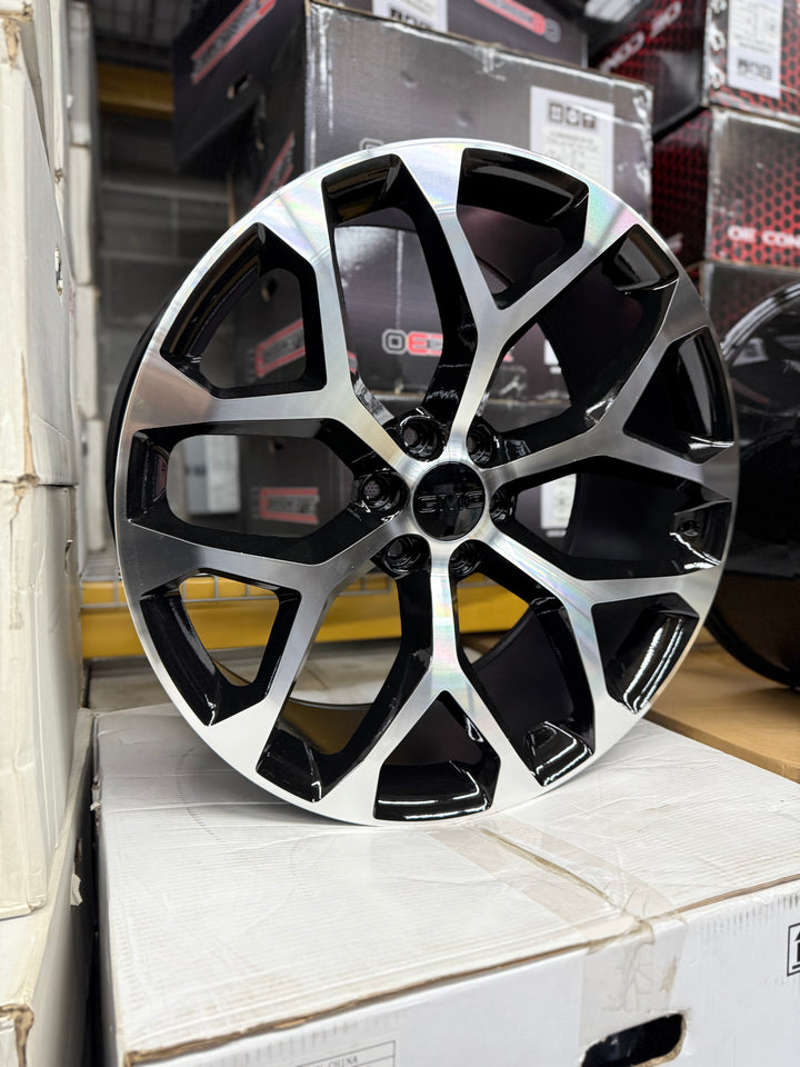 20" 22" 24" 26" SNOWFLAKE GLOSS BLACK & MACHINE FACE  6X139.7 6x5.5 FITS CADILLAC ESCALADE DENALI YUKON CHEVY SILVERADO TAHOE SUBURBAN INFINITY QX80 DODGE RAM 1500 JEEP WAGONEER NISSAN TITAN