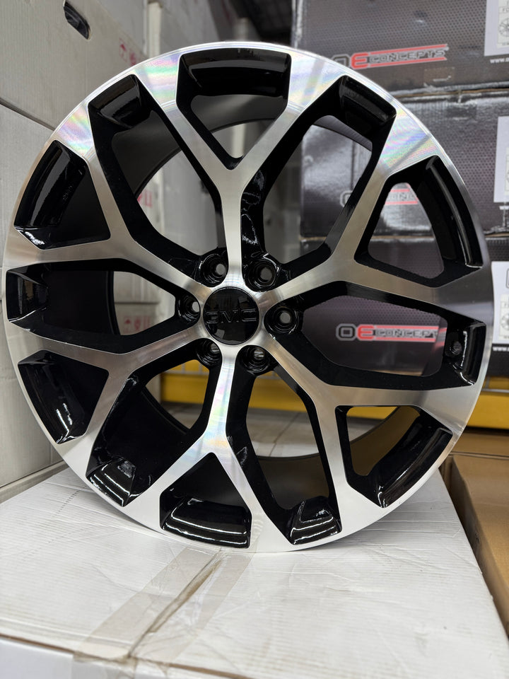 20" 22" 24" 26" SNOWFLAKE GLOSS BLACK & MACHINE FACE  6X139.7 6x5.5 FITS CADILLAC ESCALADE DENALI YUKON CHEVY SILVERADO TAHOE SUBURBAN INFINITY QX80 DODGE RAM 1500 JEEP WAGONEER NISSAN TITAN