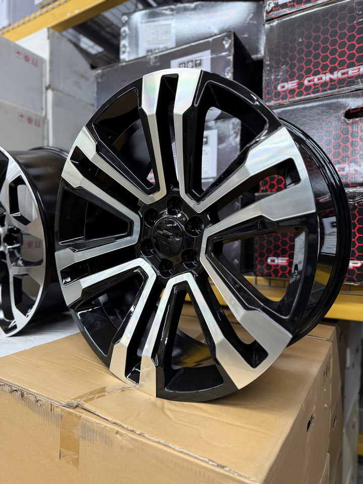 24" GM07 REP GLOSS BLACK & MACHINE 6X139.7 6x5.5 FITS CADILLAC ESCALADE DENALI YUKON CHEVY SILVERADO TAHOE SUBURBAN INFINITY QX80 DODGE RAM 1500 JEEP WAGONEER NISSAN TITAN