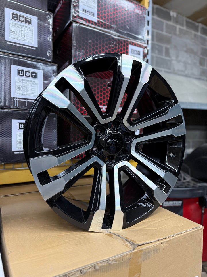 24" GM07 REP GLOSS BLACK & MACHINE 6X139.7 6x5.5 FITS CADILLAC ESCALADE DENALI YUKON CHEVY SILVERADO TAHOE SUBURBAN INFINITY QX80 DODGE RAM 1500 JEEP WAGONEER NISSAN TITAN