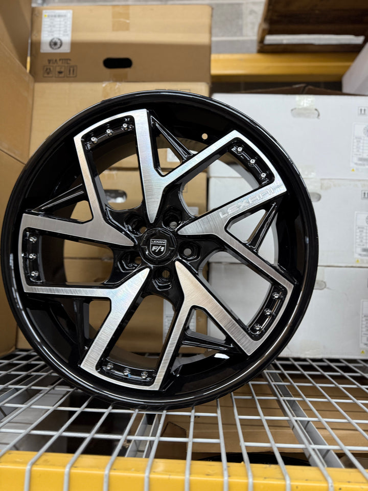 PROMO PACKAGE DEAL 22" LEXANI DEVOE GLOSS BLACK BRUSHED MACHINE 5x108 FITS FORD 2012^ FUSION ESCAPE MAVERICK LINCOLN MKX NAUTILUS CORSAIR MKZ CONTINENTAL LS 22^ ZEPHYR JAGUAR XF XFR XJ XJL XJLR E PACE F PACE LAND ROVER DISCOVERY EVOQUE VELAR
