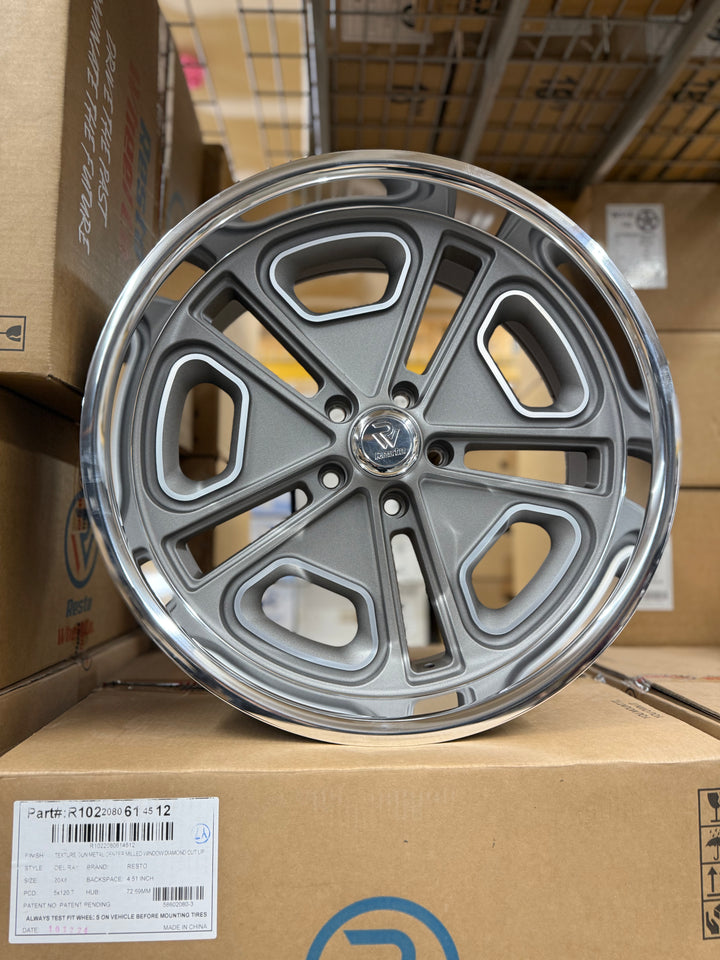 17” RESTO WHEEL DELRAY R102 Texture Gun Metal Center Milled Window W/ Diamond Cut Lip (5x114.3 5x4.5) FITS 70s CHARGER CHALLENGER Ford MUSTANG RANGER COUGAR