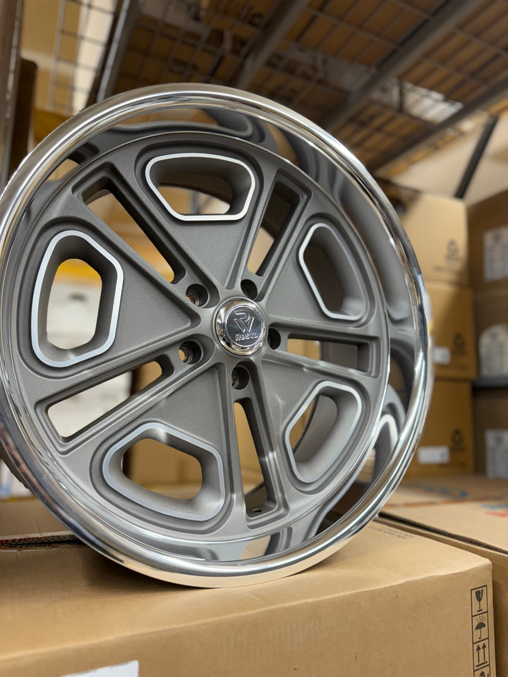 17” RESTO WHEEL DELRAY R102 Texture Gun Metal Center Milled Window W/ Diamond Cut Lip (5x114.3 5x4.5) FITS 70s CHARGER CHALLENGER Ford MUSTANG RANGER COUGAR