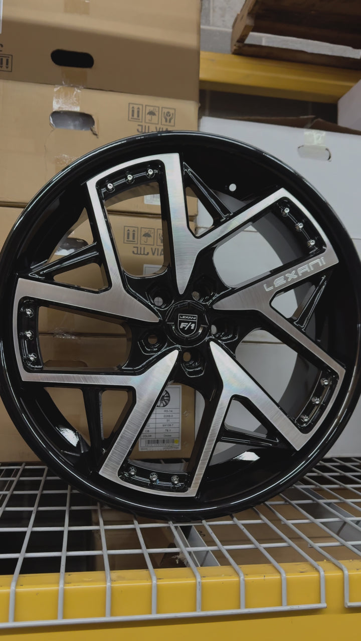 PROMO PACKAGE DEAL 22" LEXANI DEVOE GLOSS BLACK BRUSHED MACHINE 5x108 FITS FORD 2012^ FUSION ESCAPE MAVERICK LINCOLN MKX NAUTILUS CORSAIR MKZ CONTINENTAL LS 22^ ZEPHYR JAGUAR XF XFR XJ XJL XJLR E PACE F PACE LAND ROVER DISCOVERY EVOQUE VELAR