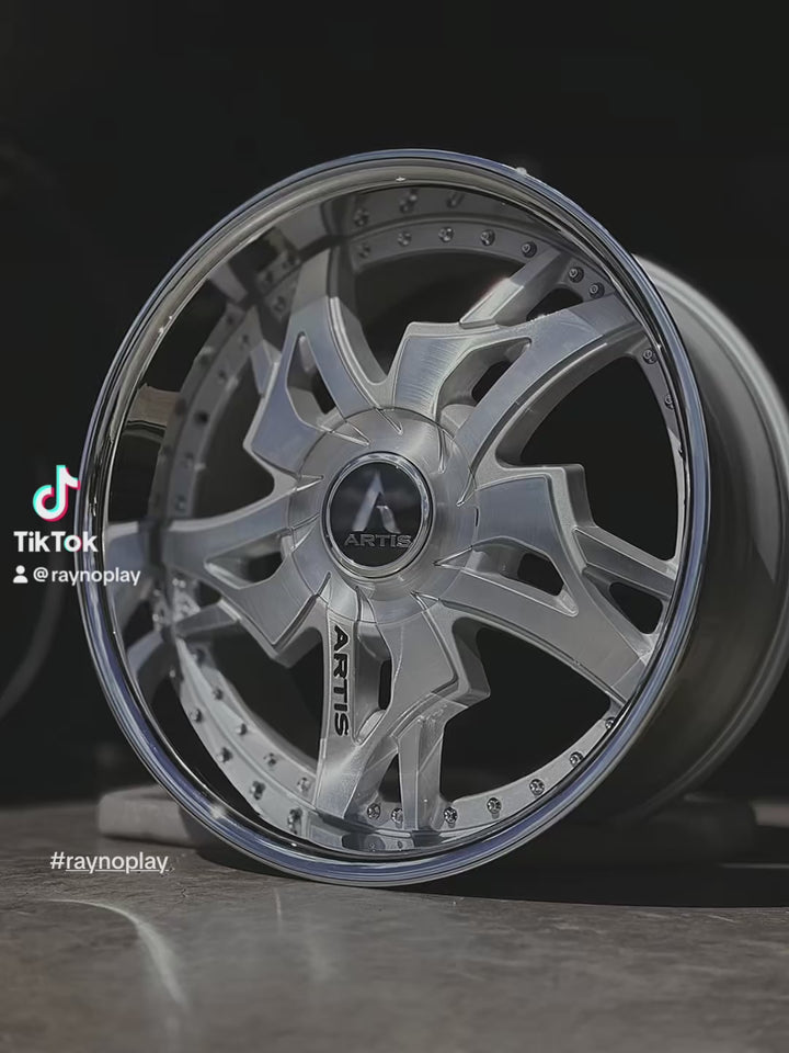 22" ARTIS LAREDO BRUSHED CROME LIP DAUL DRILLED (5X120 5x127) STAGGERED FOR GMC YUKON CHEVY SUBURBAN SIERRA 1500 C10 TAHOE BOX DONK CAPRICE IMPALA CAMARO CHEVELLE  CUTLASS MONTE CARLO