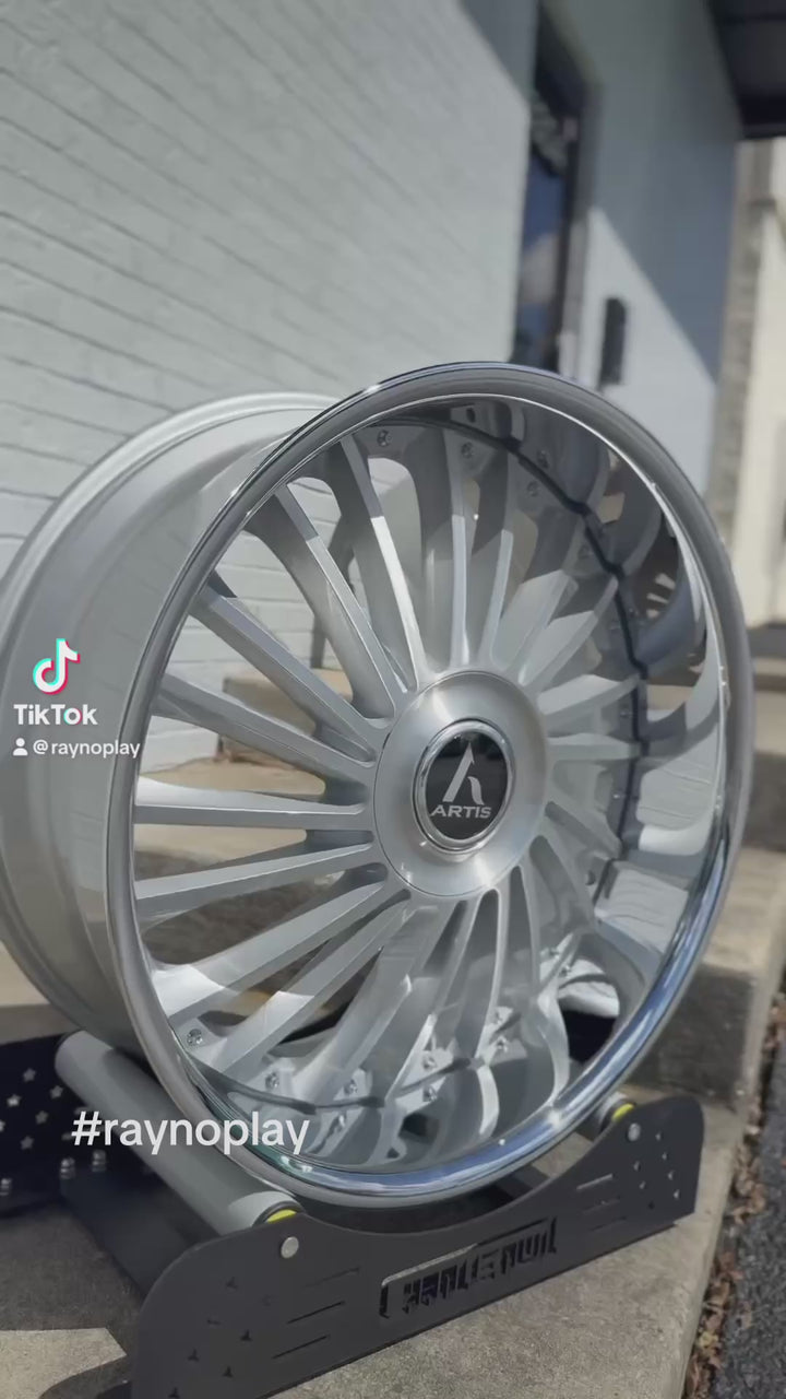 ARTIS RENAGADES XL CAP 26" BRUSHED CROME LIP DAUL DRILLED (5X120 5x127) STAGGERED FOR GMC YUKON CHEVY SUBURBAN SIERRA 1500 C10 TAHOE BOX DONK CAPRICE IMPALA CAMARO CHEVELLE  CUTLASS MONTE CARLO