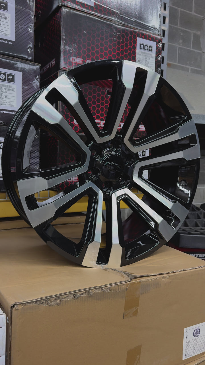 24" GM07 REP GLOSS BLACK & MACHINE 6X139.7 6x5.5 FITS CADILLAC ESCALADE DENALI YUKON CHEVY SILVERADO TAHOE SUBURBAN INFINITY QX80 DODGE RAM 1500 JEEP WAGONEER NISSAN TITAN